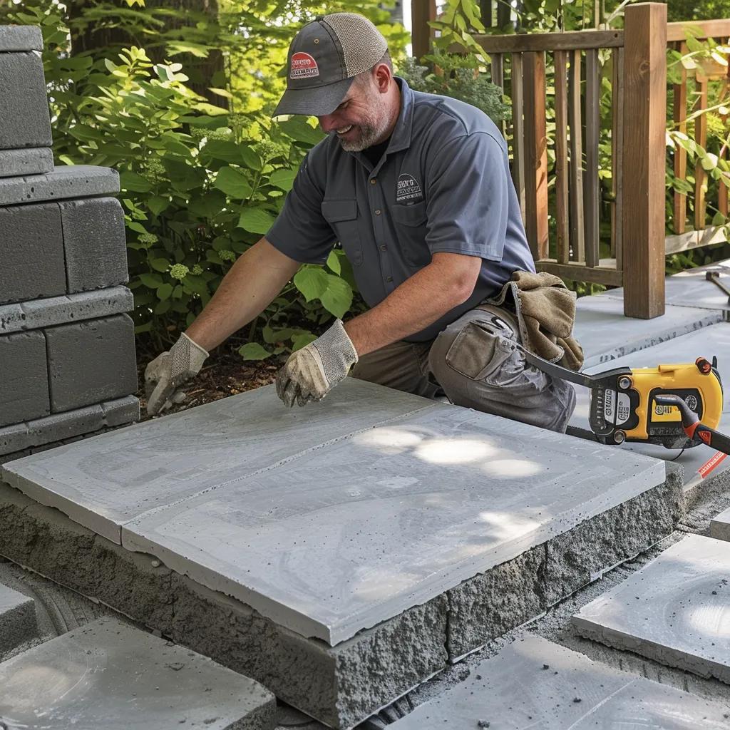 DIY enthusiast installing lightweight GFRC-reinforced concrete panels in a backyard