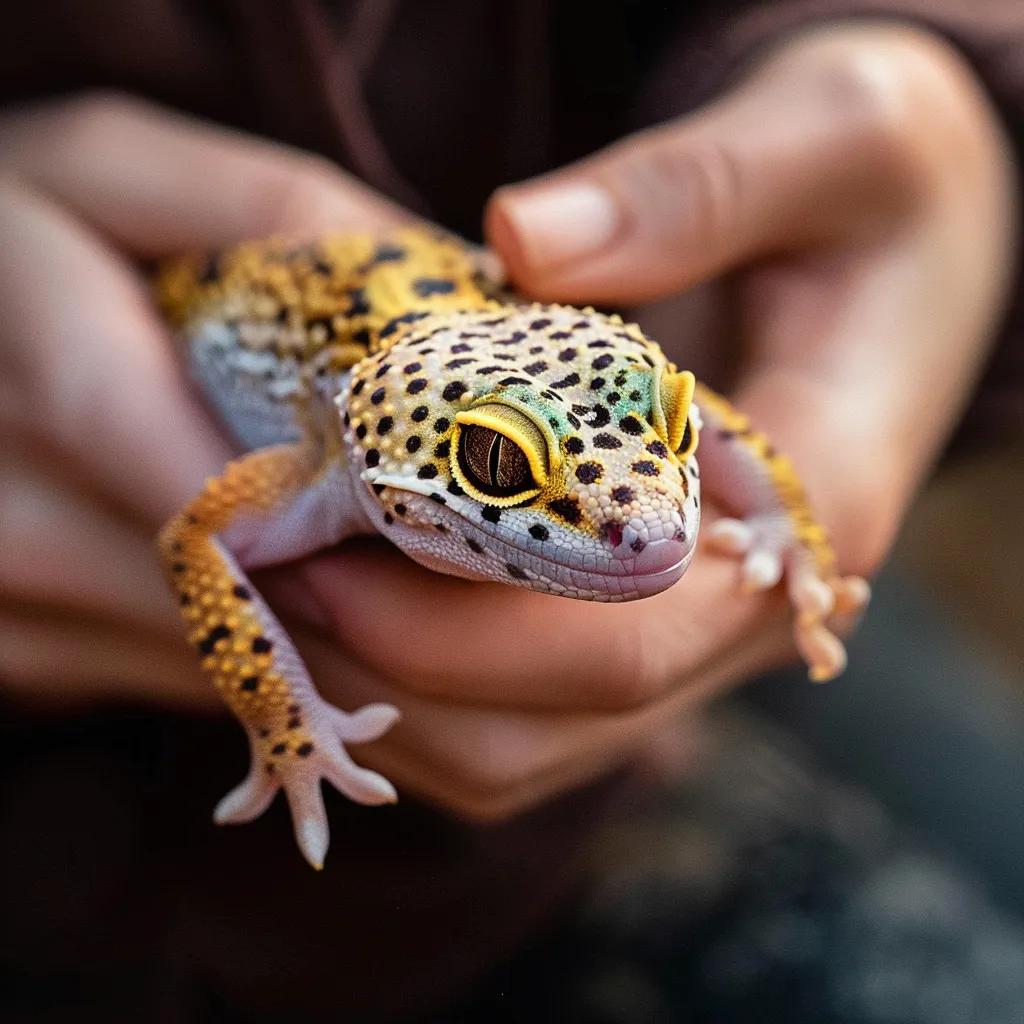 Person gently handling a leopard gecko, demonstrating safe handling techniques