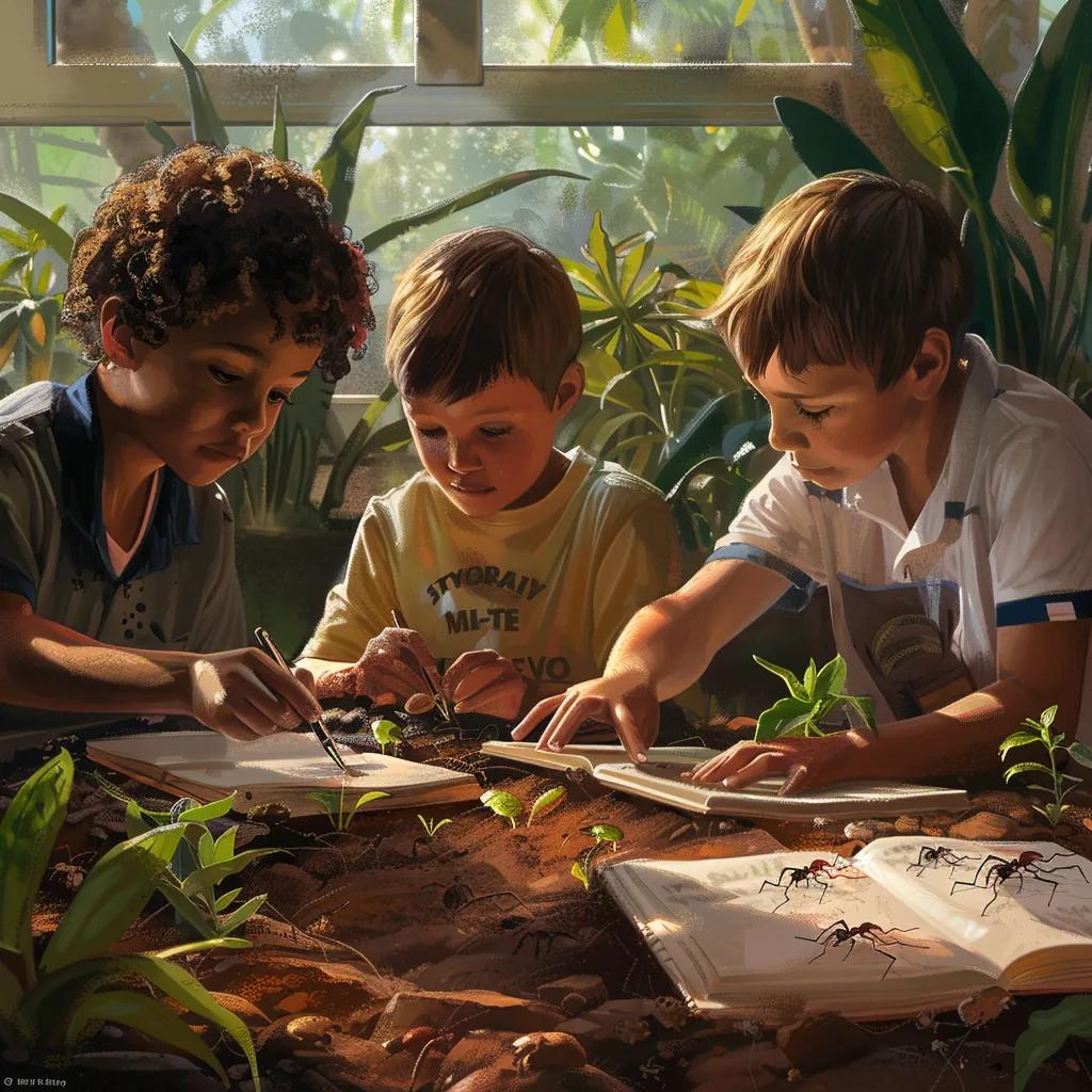 Children engaging with an ant farm, observing and recording data, highlighting interactive learning experiences