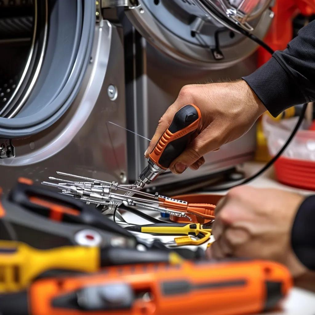 Technician repairing a dryer, highlighting typical appliance repair costs and expertise