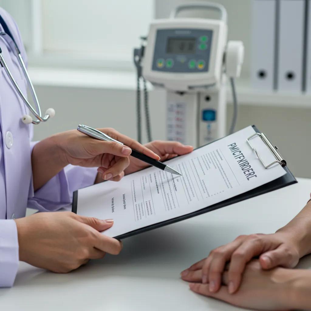 A healthcare professional discussing Wegovy prescription requirements with a patient in a clinical setting