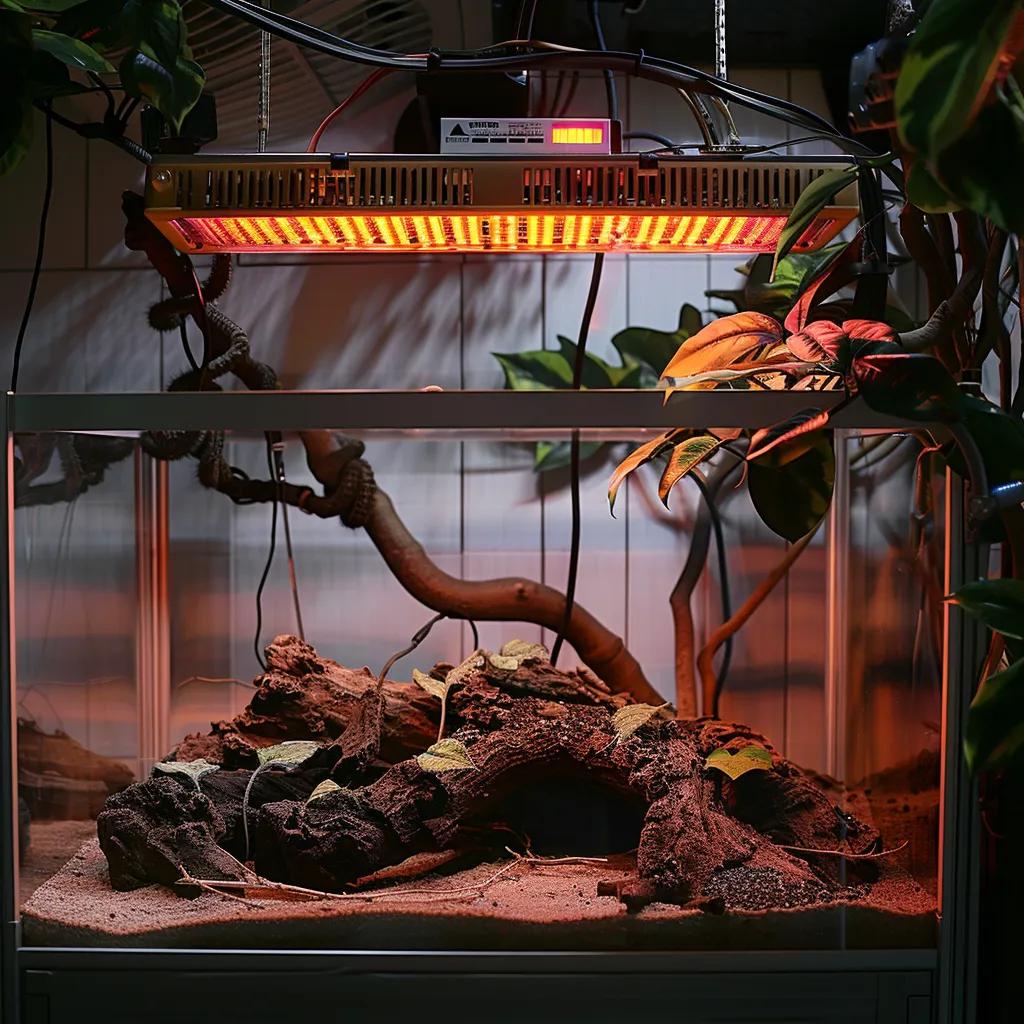 Proper installation of a heat lamp in a reptile enclosure, highlighting safety and effectiveness