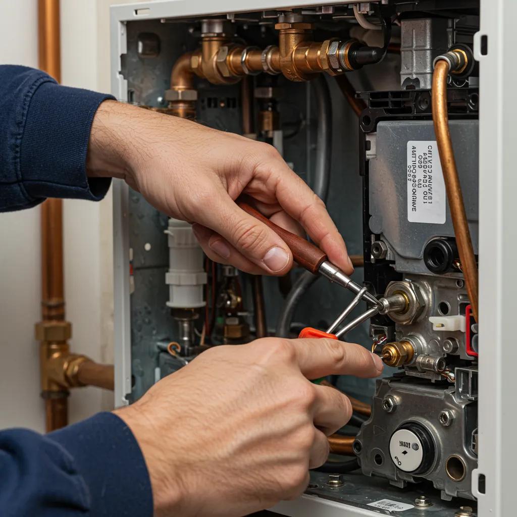 A skilled heating engineer diligently inspecting a boiler during an emergency repair call.