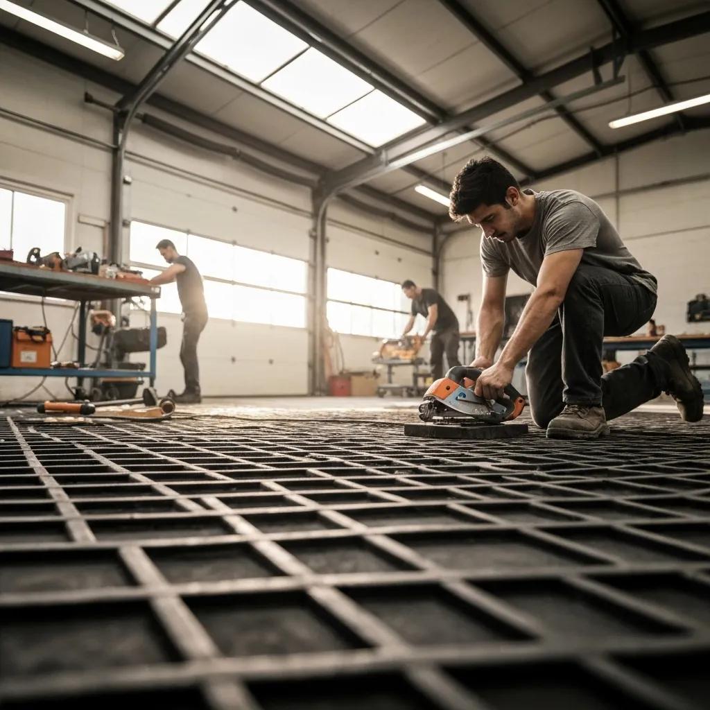 Workers are seen using tools in a workshop setting with heavy-duty rubber matting, which clearly demonstrates its anti-slip and shock-absorbing capabilities.