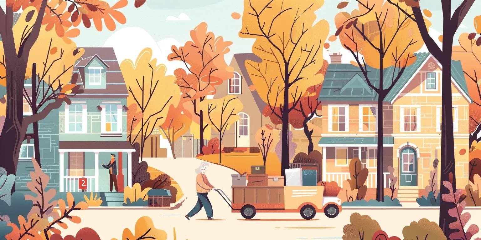 Autumn scene with colorful trees, a man pulling a cart of boxes, and houses in a neighborhood.