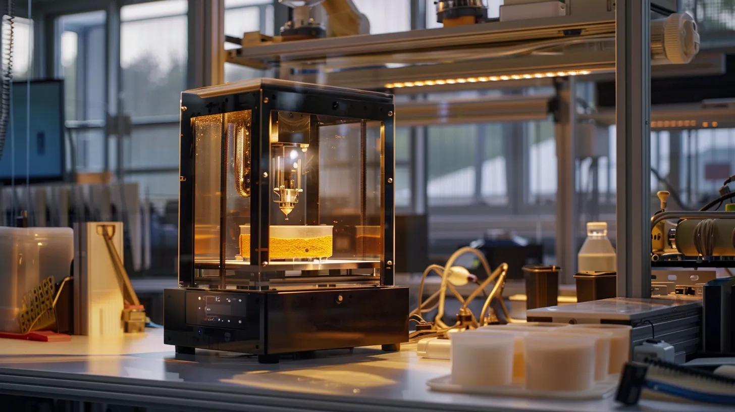 a modern industrial workspace showcases a high-resolution 3d printer in action, with layers of fine powder being fused by a focused laser, surrounded by precise tools and prototypes that highlight the advanced capabilities of sls technology in custom manufacturing.