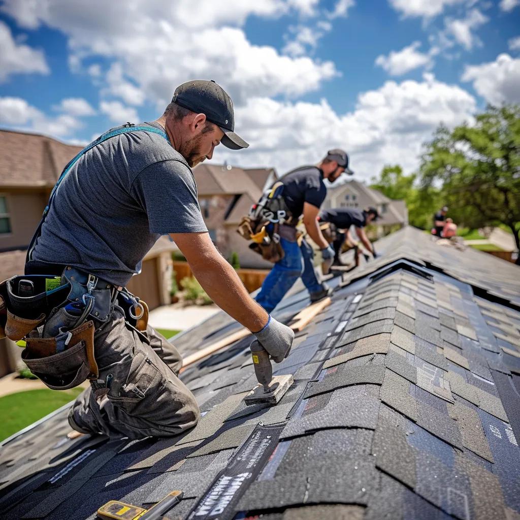 Team of roofers installing high-performance shingles on a residential roof, showcasing craftsmanship