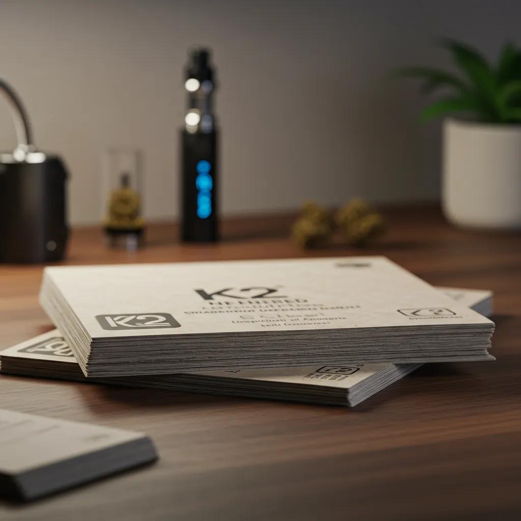 Stack of premium K2 infused paper sheets displayed on a contemporary desk, showcasing their texture and visual appeal