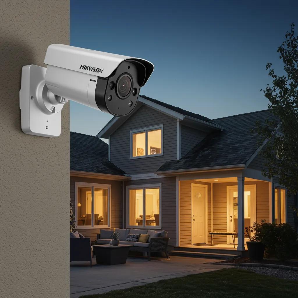 Hikvision security camera mounted on a home exterior, emphasizing safety and modern surveillance technology