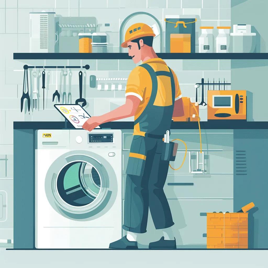 Technician inspecting home appliance with predictive analytics data on tablet Technician inspecting home appliance with predictive analytics data on tablet
