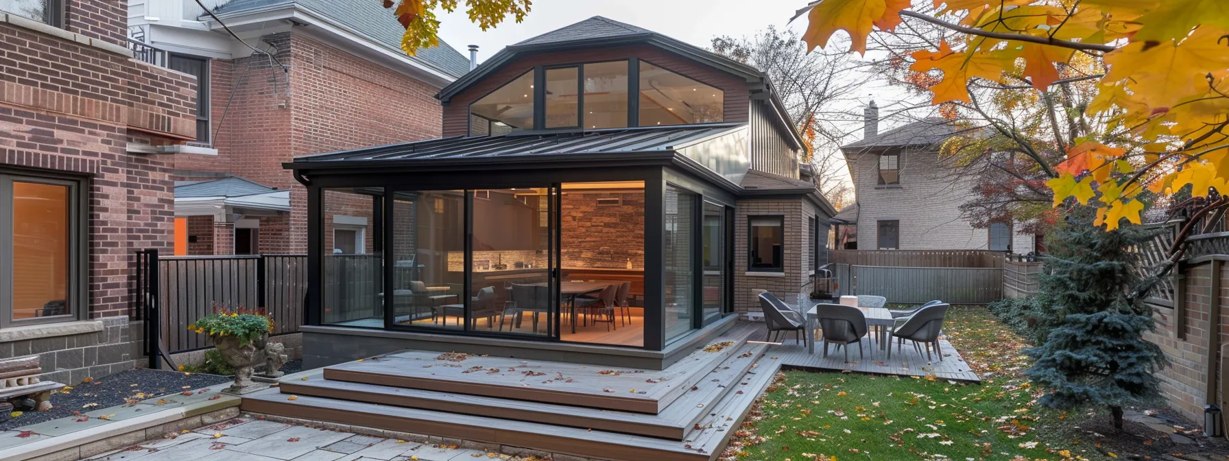 a stunning, modern home addition showcases a sleek, sunlit sunroom seamlessly merging with an elegant in-law suite, all set against the backdrop of a contemporary urban neighborhood. a stunning, modern home addition showcases a sleek, sunlit sunroom seamlessly merging with an elegant in-law suite, all set against the backdrop of a contemporary urban neighborhood.