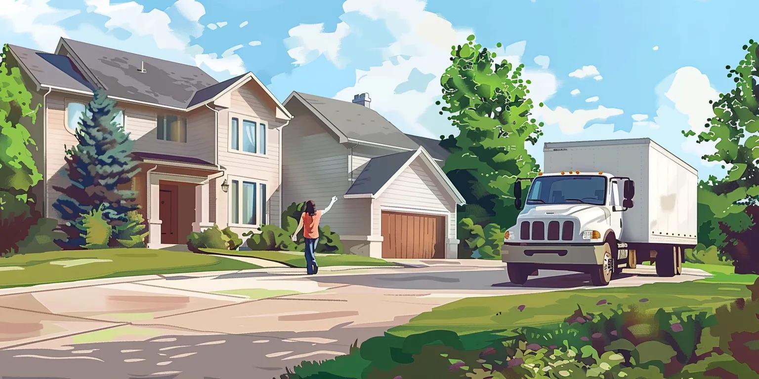 Woman walking towards a moving truck in a residential neighborhood with green trees and houses.