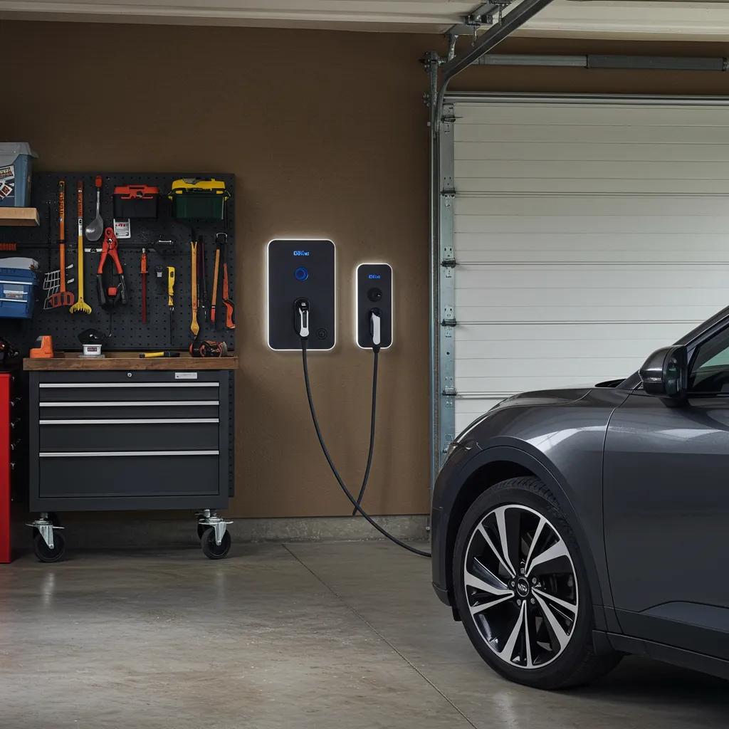 A home EV charger installed in a Bend garage, illustrating the benefits of electric vehicle charging solutions for homeowners A home EV charger installed in a Bend garage, illustrating the benefits of electric vehicle charging solutions for homeowners