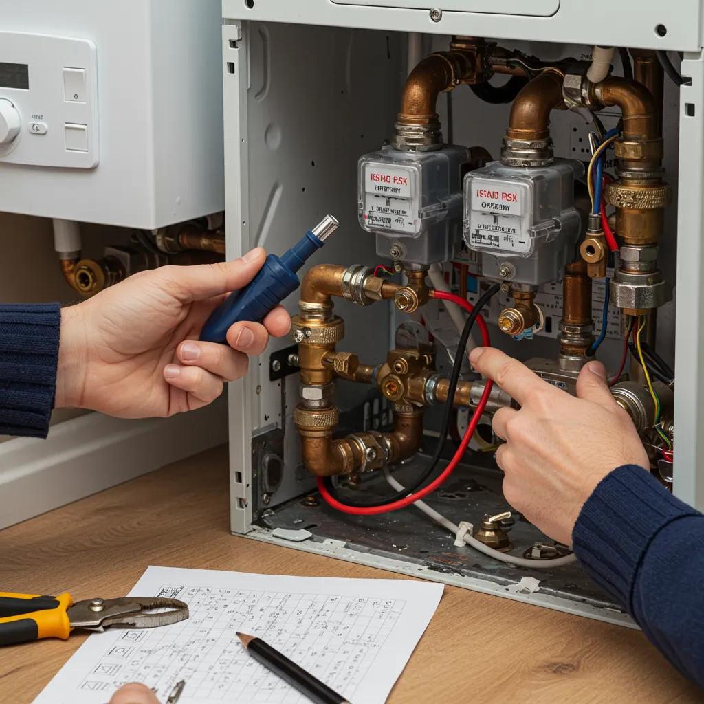 Homeowner checking power and gas supply to heating system, illustrating troubleshooting steps
