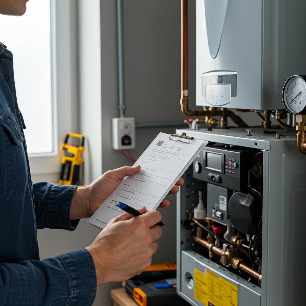 Homeowner inspecting a boiler with a checklist in a bright utility room, focusing on maintenance tasks