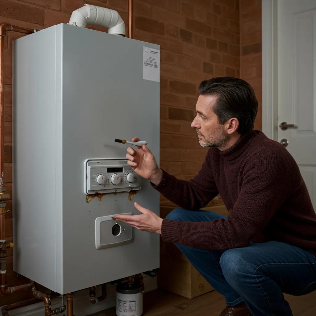 A homeowner inspecting an old boiler, looking for signs of wear and tear that indicate a need for replacement