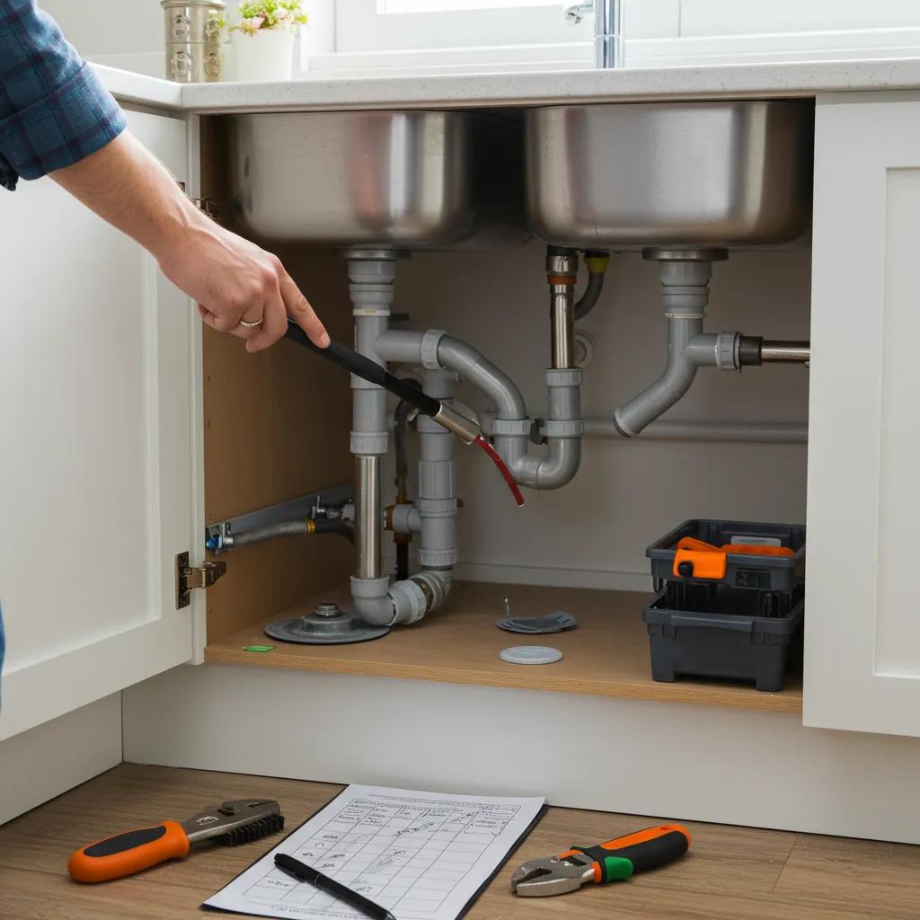 Homeowner inspecting plumbing under a sink, highlighting preventive maintenance for water damage