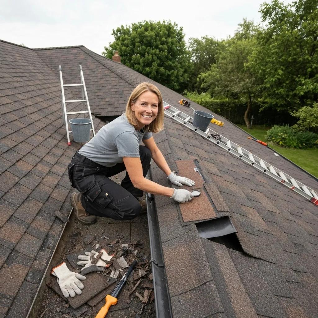 Homeowner performing roof maintenance tasks like inspecting shingles and cleaning gutters to ensure longevity