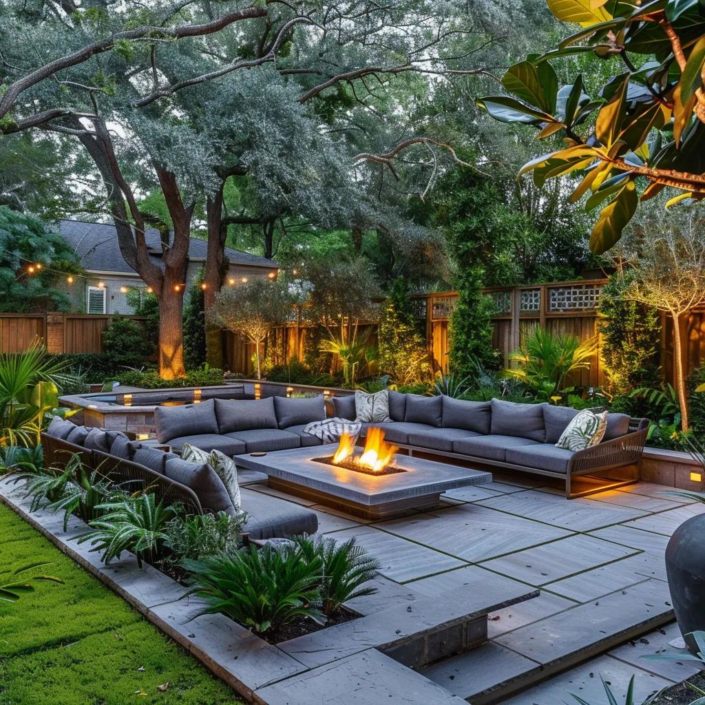 Cozy backyard outdoor living space in Houston with a patio, fire pit, and lush greenery