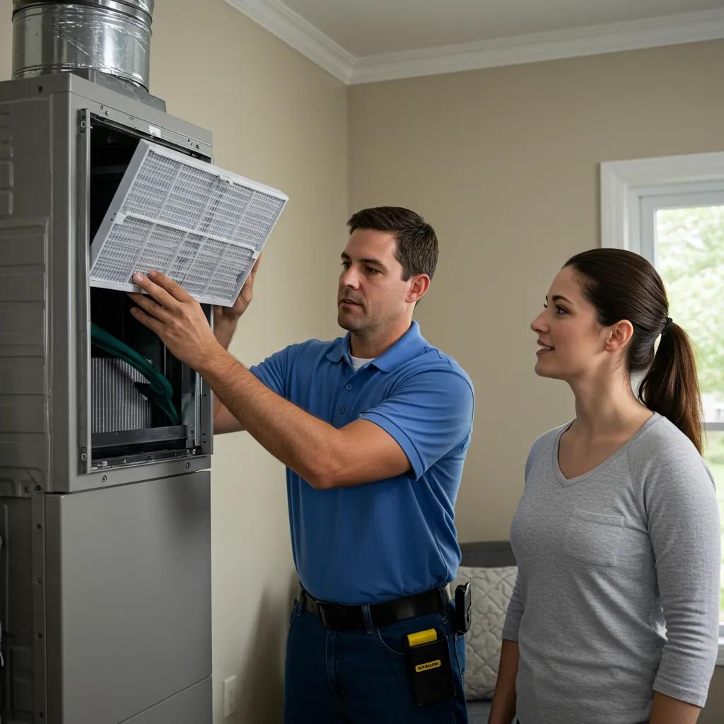 Improve Home Comfort: Choose the Right HVAC Filters Today 2 An HVAC technician replacing an air filter in a home, demonstrating professional service and maintenance