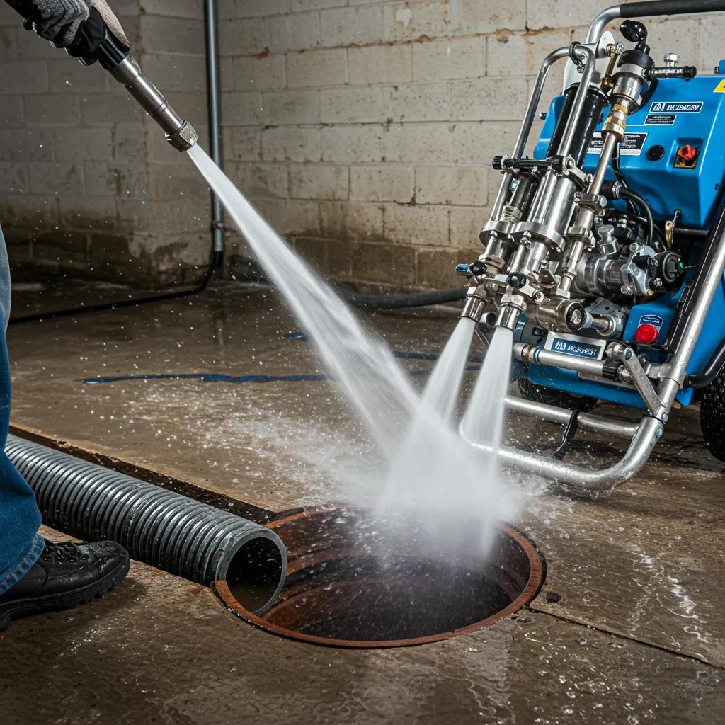 Hydro jetting machine in action, demonstrating effective drain cleaning techniques Hydro jetting machine in action, demonstrating effective drain cleaning techniques