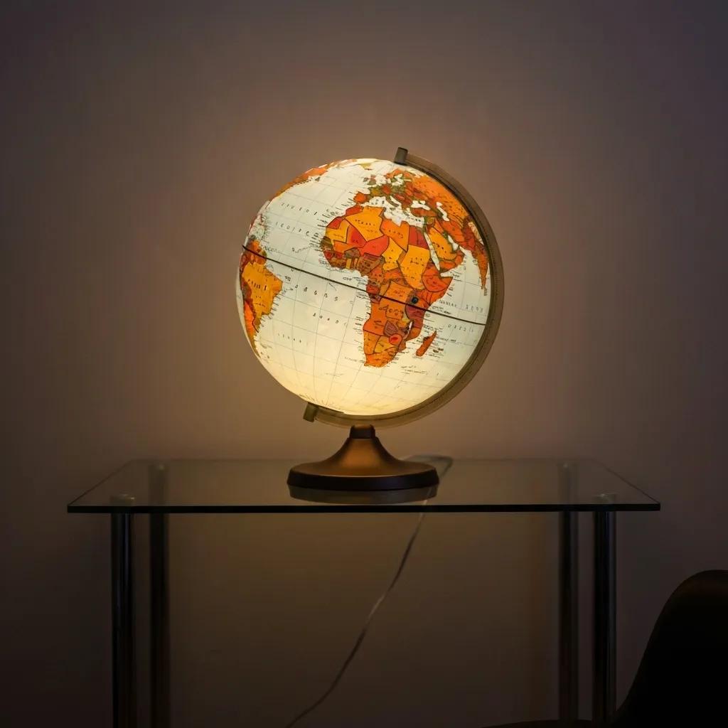 An illuminated globe casting a soft, warm glow in a dimly lit room, beautifully showcasing its map details and decorative charm