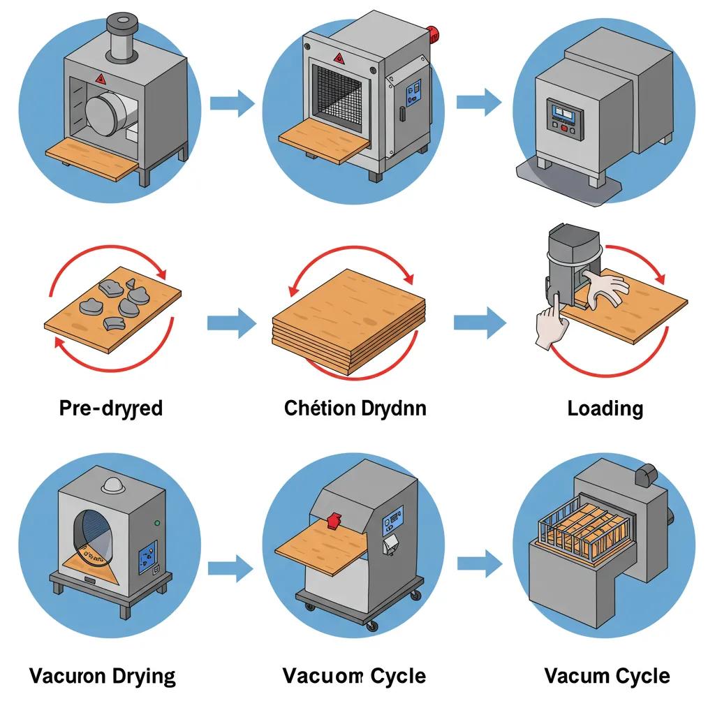 Illustration of the vacuum kiln drying process steps, from pre-drying to unloading Illustration of the vacuum kiln drying process steps, from pre-drying to unloading