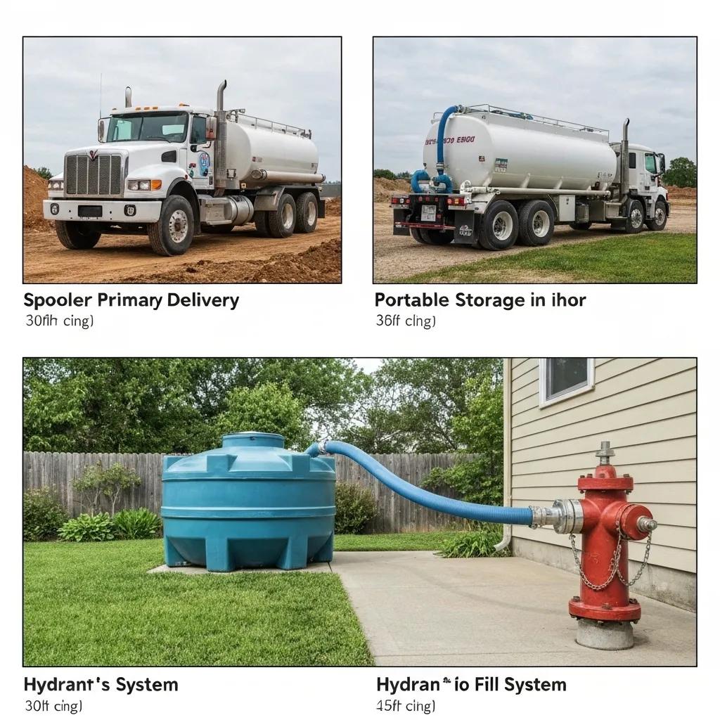 Illustration showing water delivery methods including a tanker truck, portable storage tanks, and a hydrant fill system