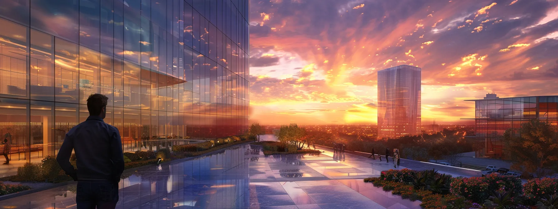 a candid, realistic image captures the dynamic energy of an architect thoughtfully surveying a stunning, modern skyline, with gleaming glass structures reflecting the vibrant hues of a sunset.