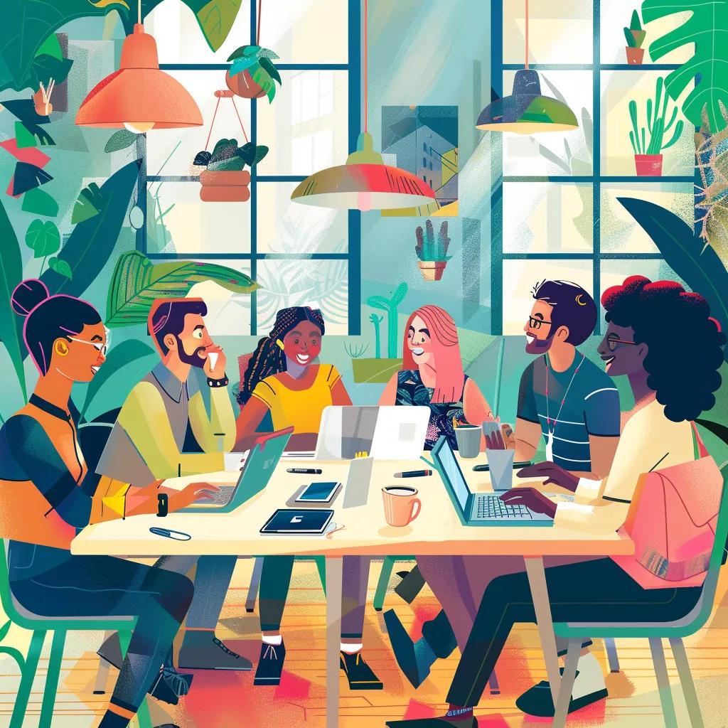 Diverse team collaborating in a modern office, showcasing inclusion and teamwork