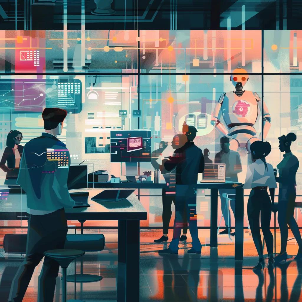 Modern office collaboration with AI technology enhancing business operations