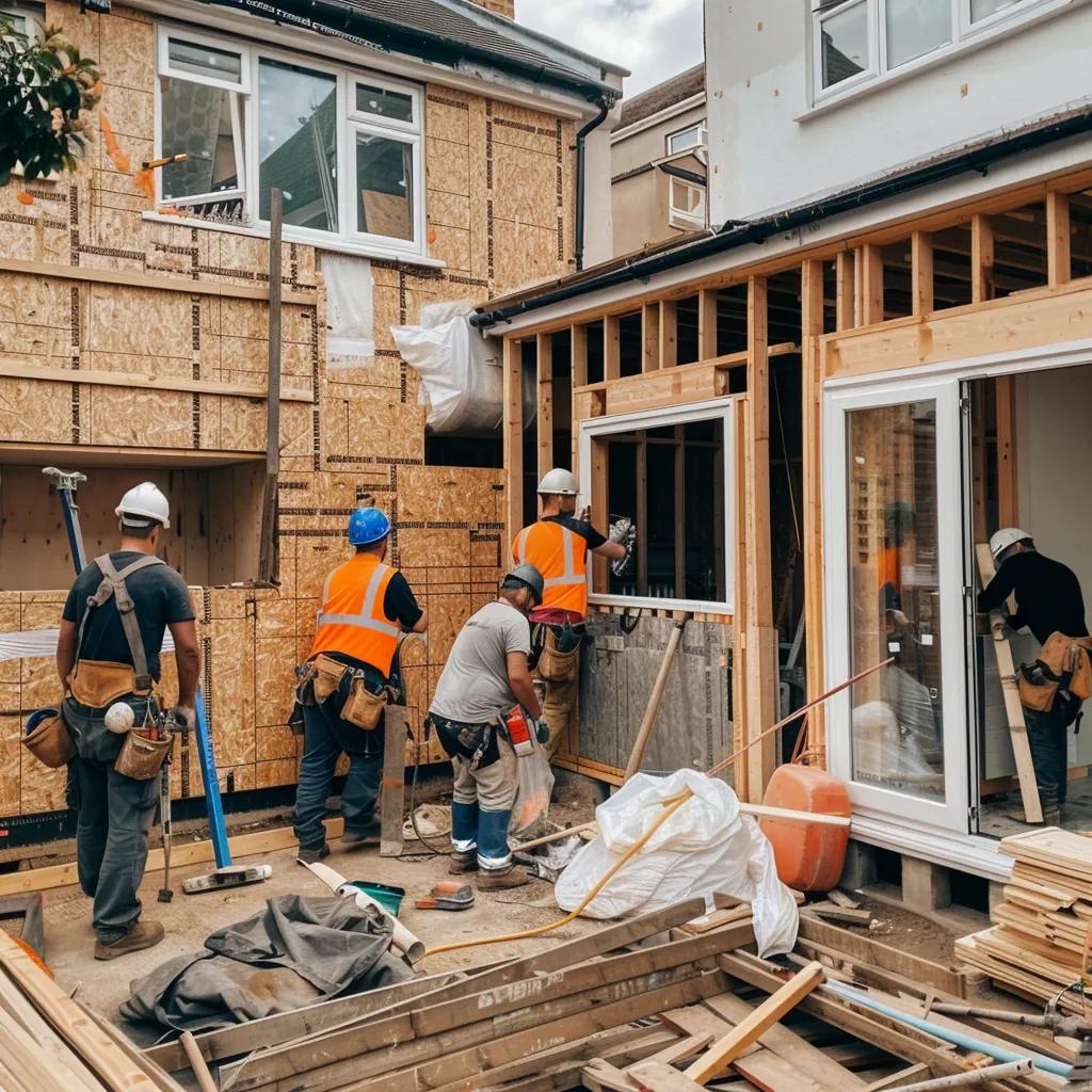 Construction site in Harrow with builders working on a house extension, showcasing quality workmanship