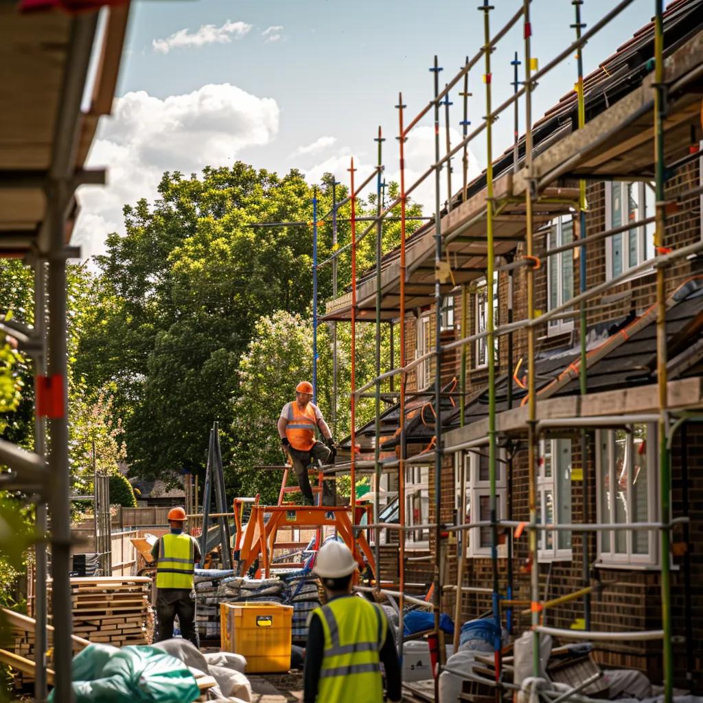 Construction site in Harrow with builders working on a home renovation project