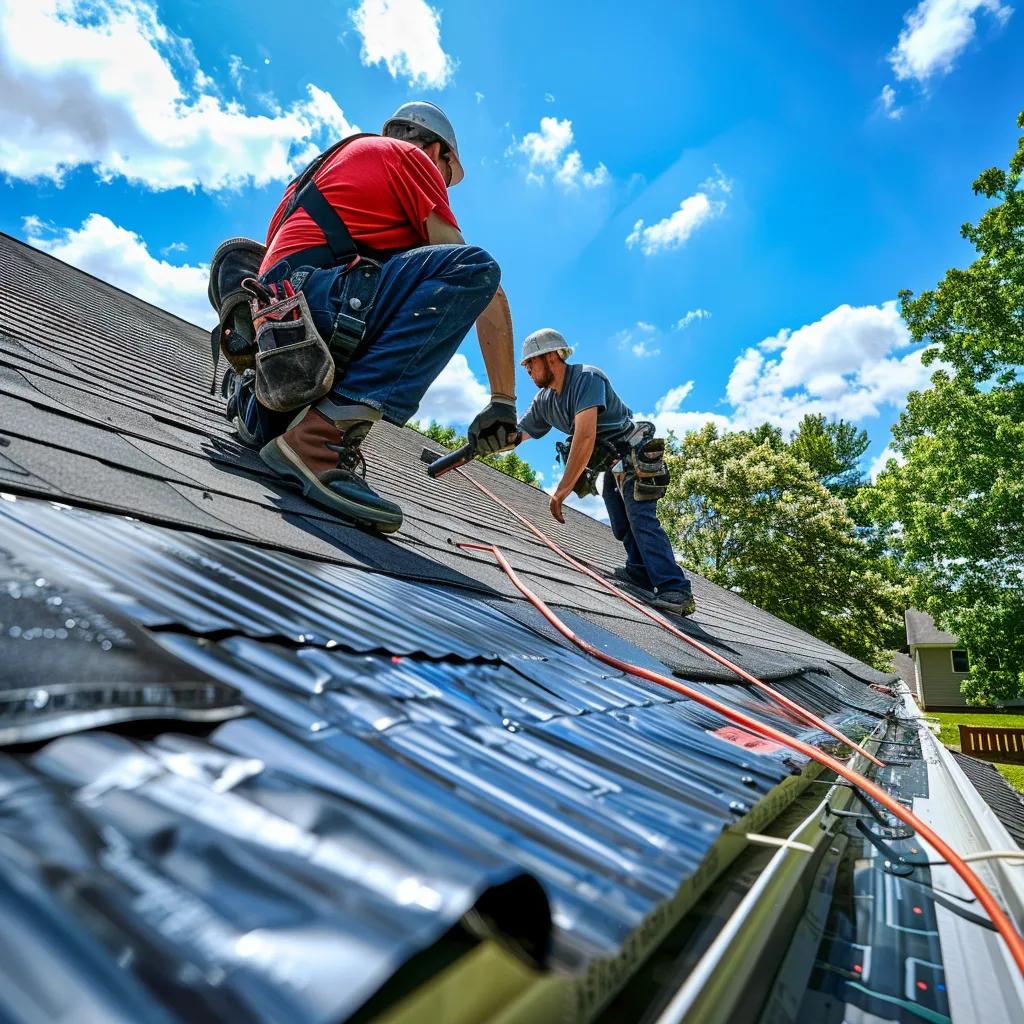 Local roofing contractors working on a residential roof in Staunton, showcasing teamwork and expertise