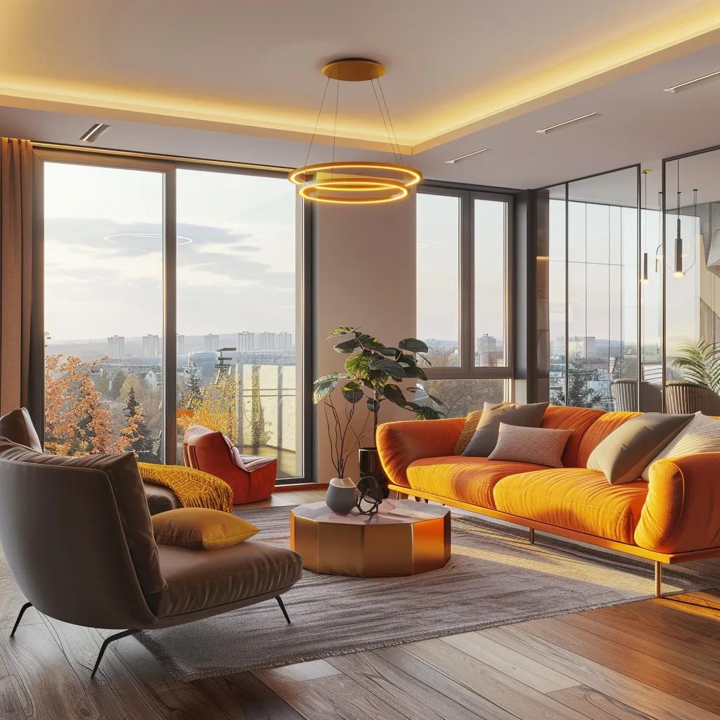 Modern apartment interior in Botoșani with cozy living room and city view