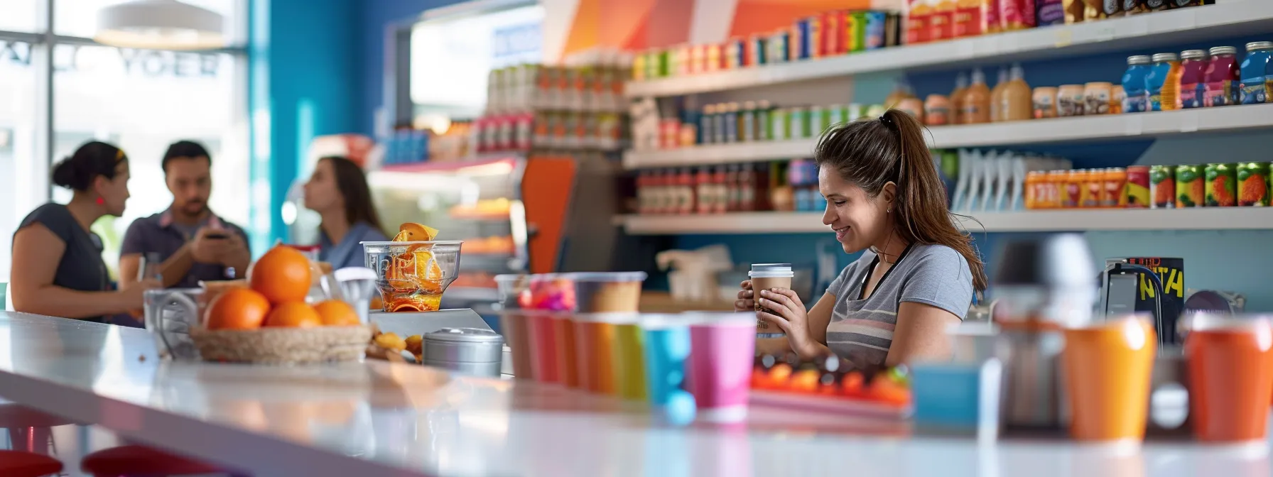 employees in an office enjoying freshly brewed necco coffee in a modern, well-stocked café corner, surrounded by colorful, locally sourced snacks and beverages.
