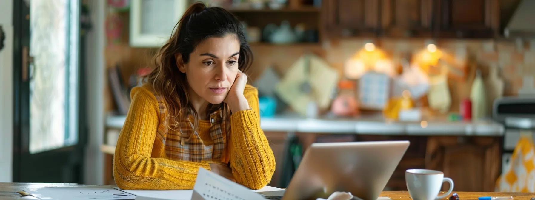 A thoughtful parent (woman in her early 30s) sitting at a kitchen table or in a cozy home office, looking at a laptop or childcare brochure with a curious, slightly concerned expression. A coffee cup nearby, some toys or a toddler’s shoes on the floor hinting at her child. Natural daylight fills the room, suggesting warmth and realism. Include subtle elements like a notepad with pros/cons, a calendar, or school flyers to emphasize her decision-making process. A thoughtful parent (woman in her early 30s) sitting at a kitchen table or in a cozy home office, looking at a laptop or childcare brochure with a curious, slightly concerned expression. A coffee cup nearby, some toys or a toddler’s shoes on the floor hinting at her child. Natural daylight fills the room, suggesting warmth and realism. Include subtle elements like a notepad with pros/cons, a calendar, or school flyers to emphasize her decision-making process.