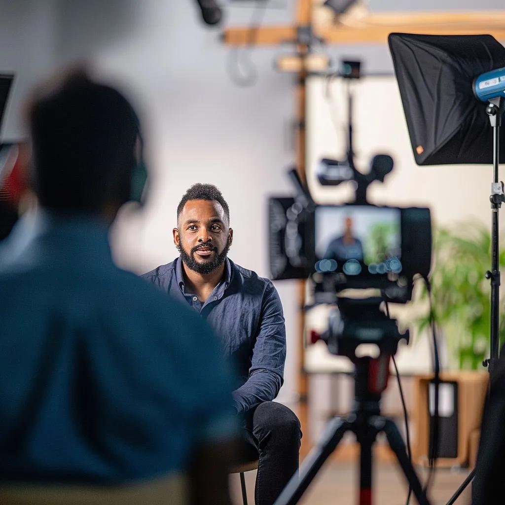 Spokesperson practicing in a media training session, focusing on on-camera presence and body language