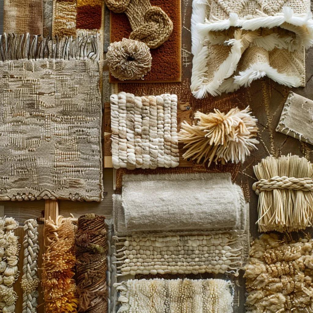 Artistic display of different rug materials showcasing textures and colors, emphasizing quality and cost factors