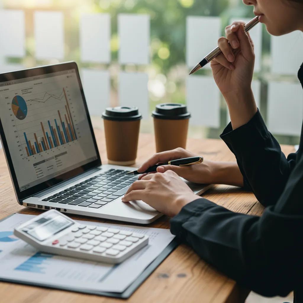 Individual analyzing financial data on a laptop, focusing on risk management in finance Individual analyzing financial data on a laptop, focusing on risk management in finance