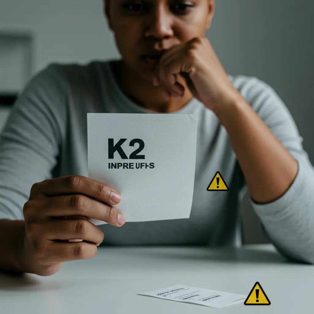 Close-up of K2 paper with prominent health warning symbols displayed in a controlled environment, emphasizing safety protocols