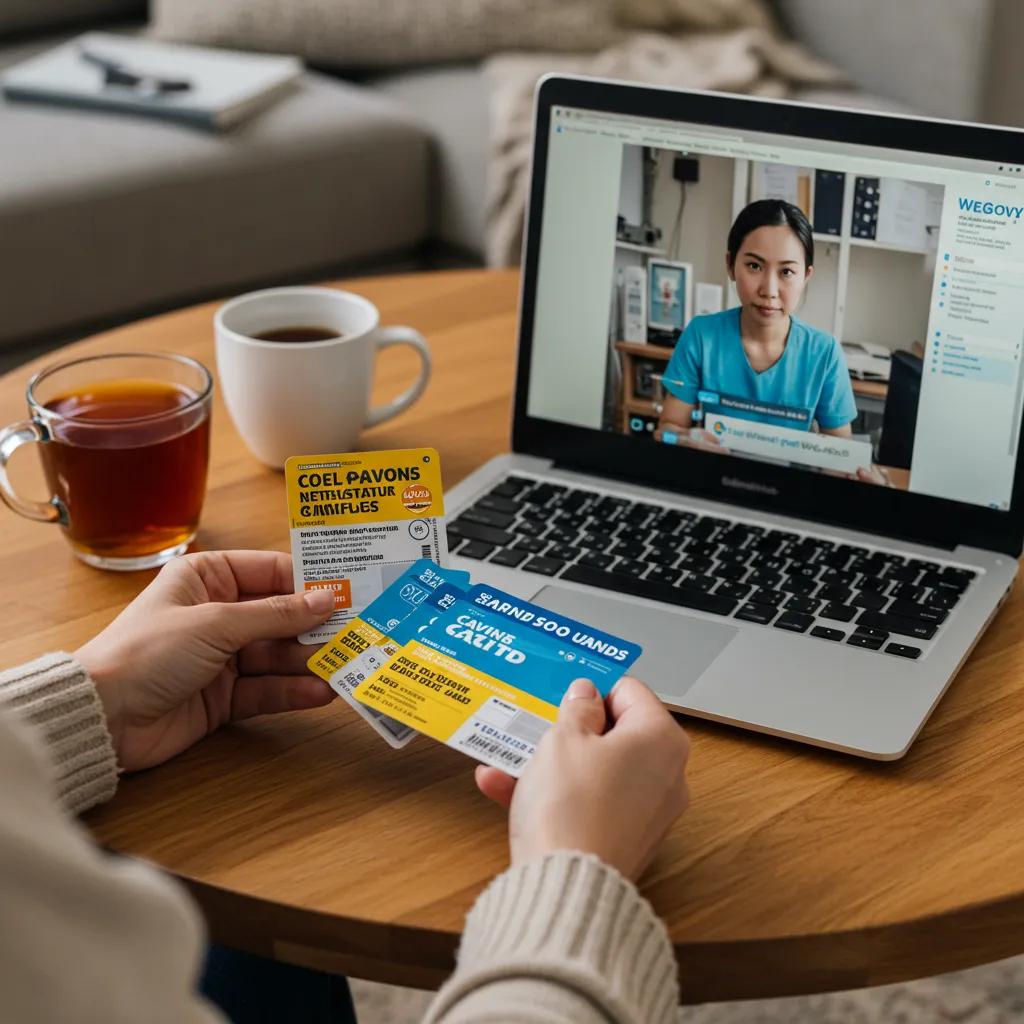 An individual reviewing Wegovy savings cards and coupons at a table, highlighting strategies for reducing the cost of weight management medication