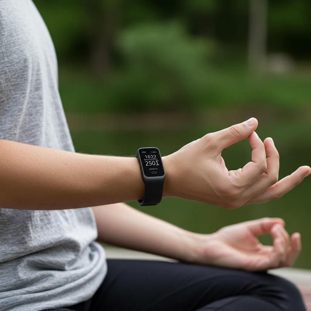 A person using a smart stress monitor while meditating peacefully in an outdoor setting