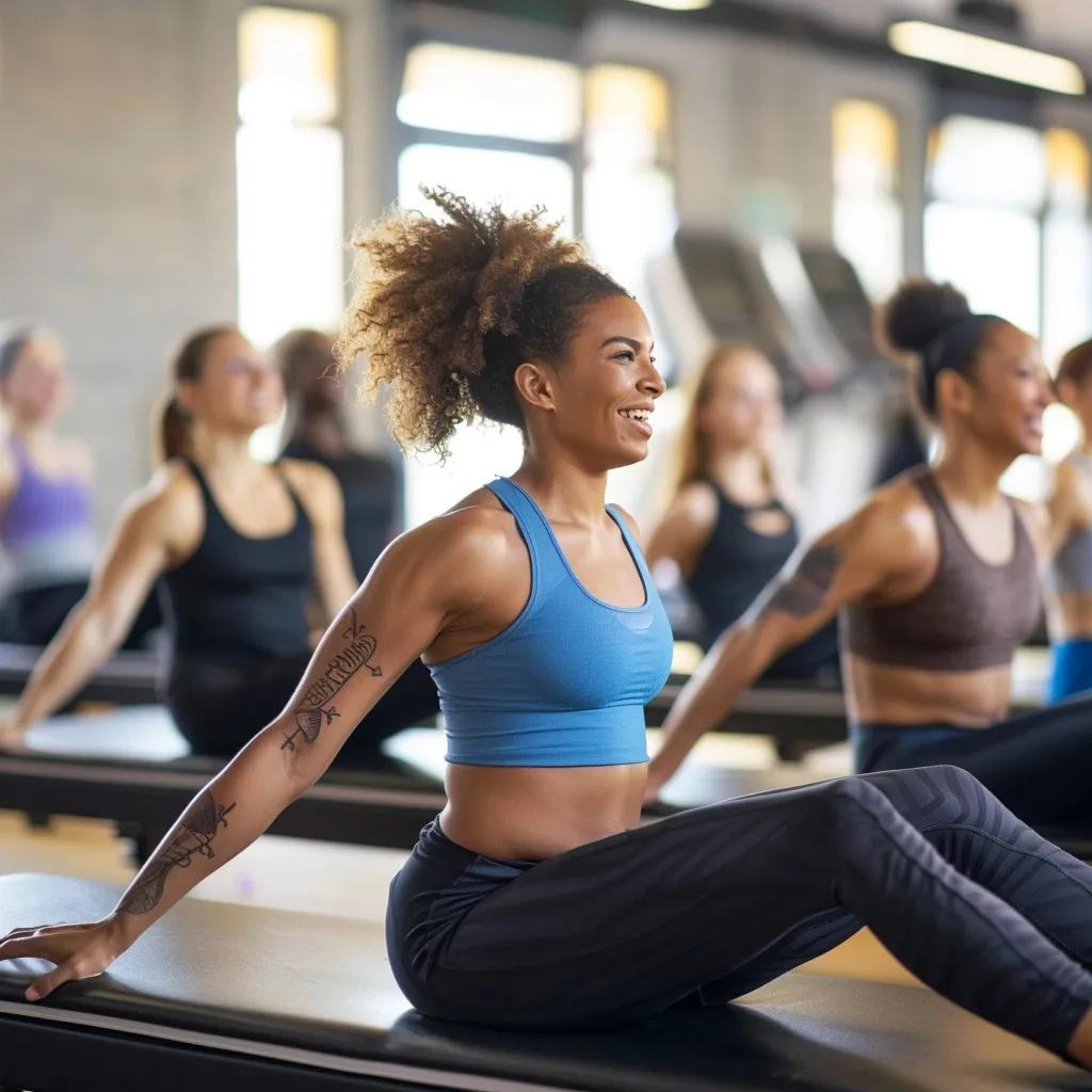 Group of diverse individuals practicing Pilates in a bright studio, emphasizing core strength and flexibility