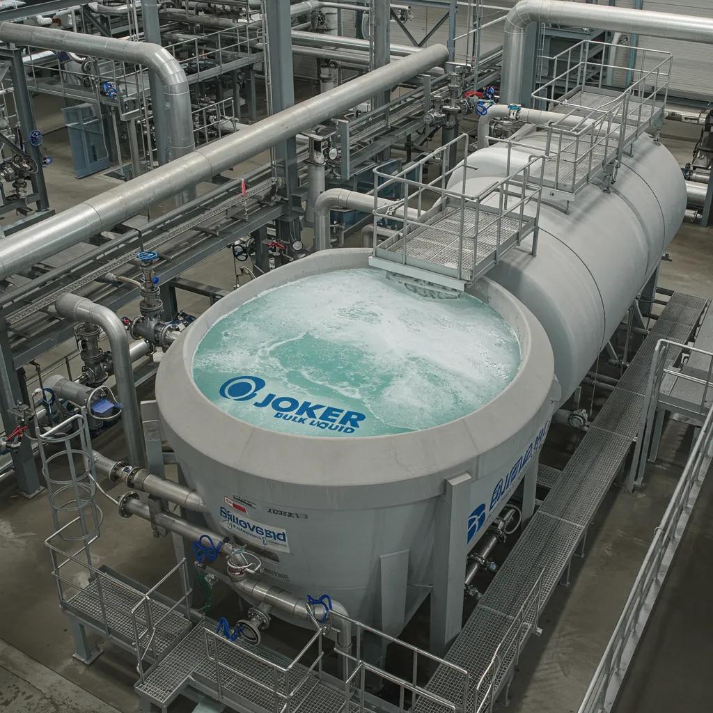 Industrial tank filled with Joker Bulk Liquid in a modern facility, representing bulk chemical solutions
