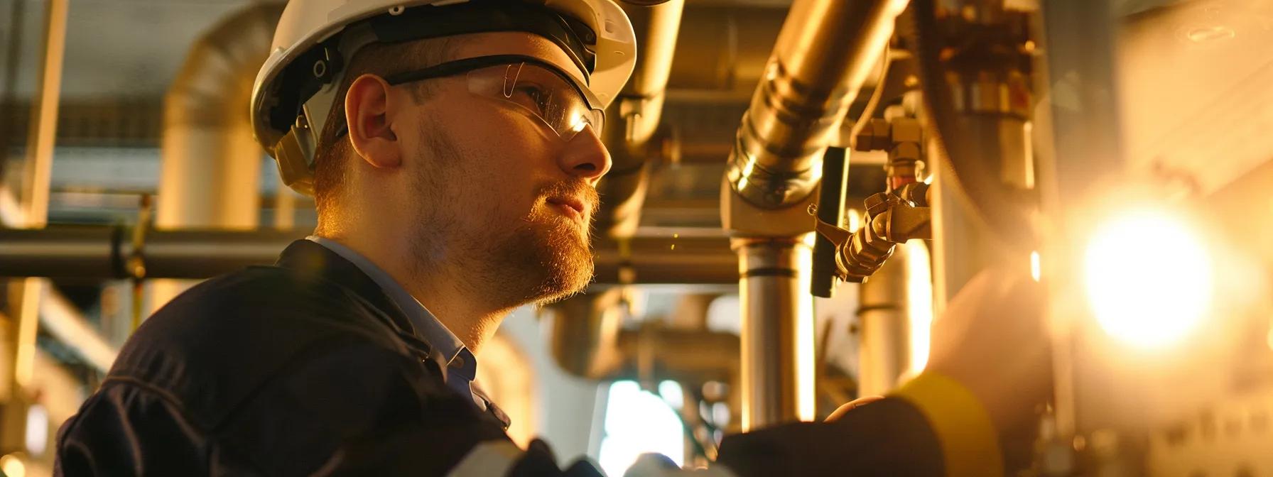 a close-up of a technician meticulously inspecting a modern boiler in a well-lit, organised maintenance workshop, emphasising the importance of safety checks for preventing hazards during autumn.