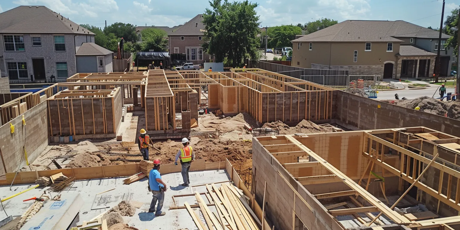 Construction site with workers inspecting the framework of new homes, showcasing ongoing building projects by Oria Builders in Santa Monica.