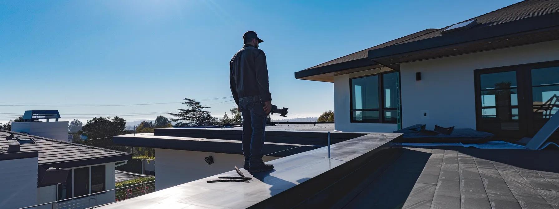 a skilled roofer conducts a thorough inspection on a modern home’s rooftop under a clear blue sky, emphasizing the importance of regular maintenance and vigilance for homeowners. a skilled roofer conducts a thorough inspection on a modern home’s rooftop under a clear blue sky, emphasizing the importance of regular maintenance and vigilance for homeowners.