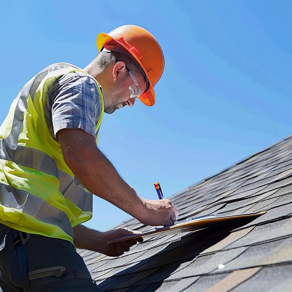Professional roofing inspector assessing a residential roof for inspection costs