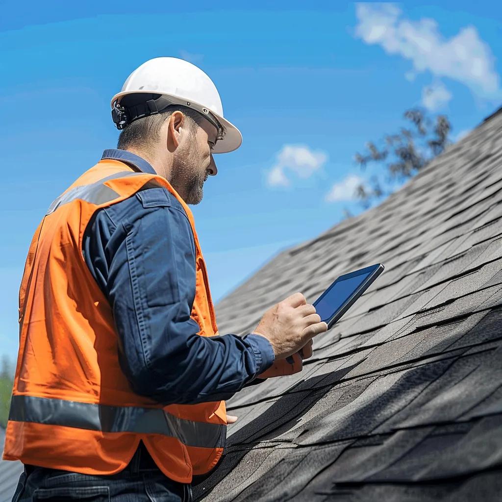 Professional roofing inspector evaluating a residential roof in St. Louis